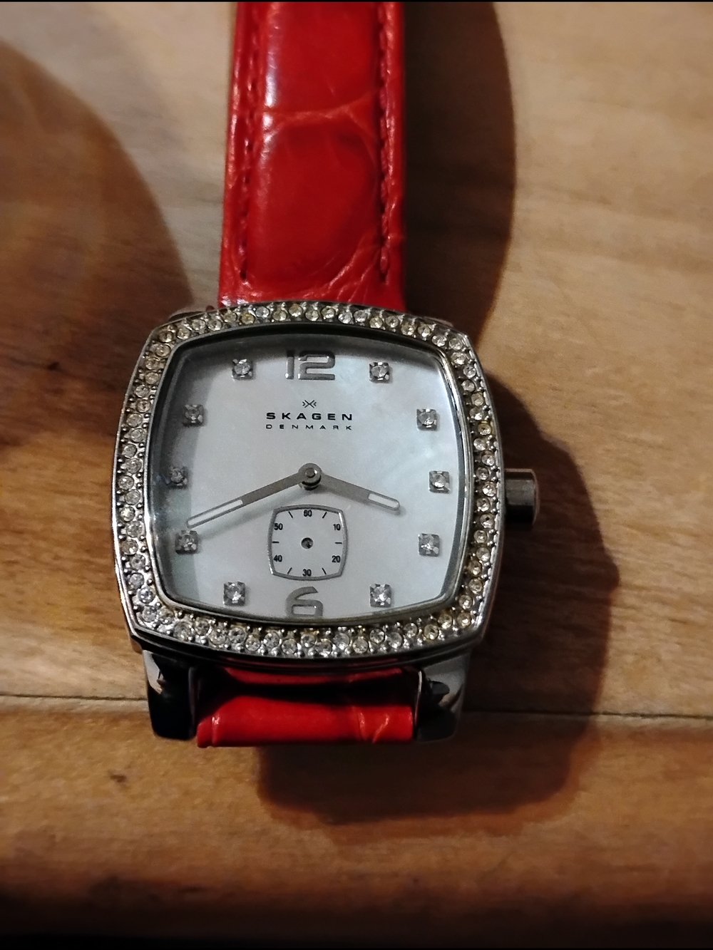 Skagen Silver Crystal Bezel Watch with Red Leather Strap